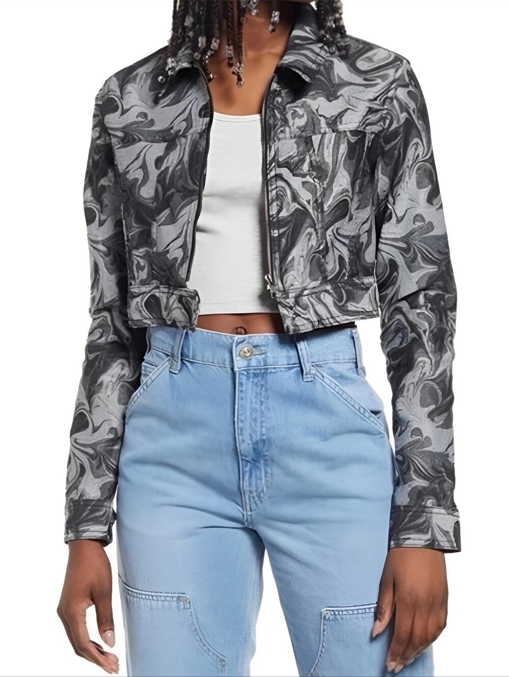 NWOT!! BDG Urban Outfitters Black & Gray Paisley Cropped Denim Jacket SZ L